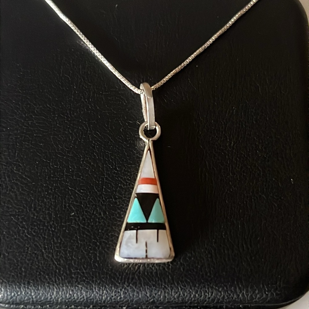RARE Boone Zuni Indian Multi stone Inlay Sterling Silver Pendant Necklace
